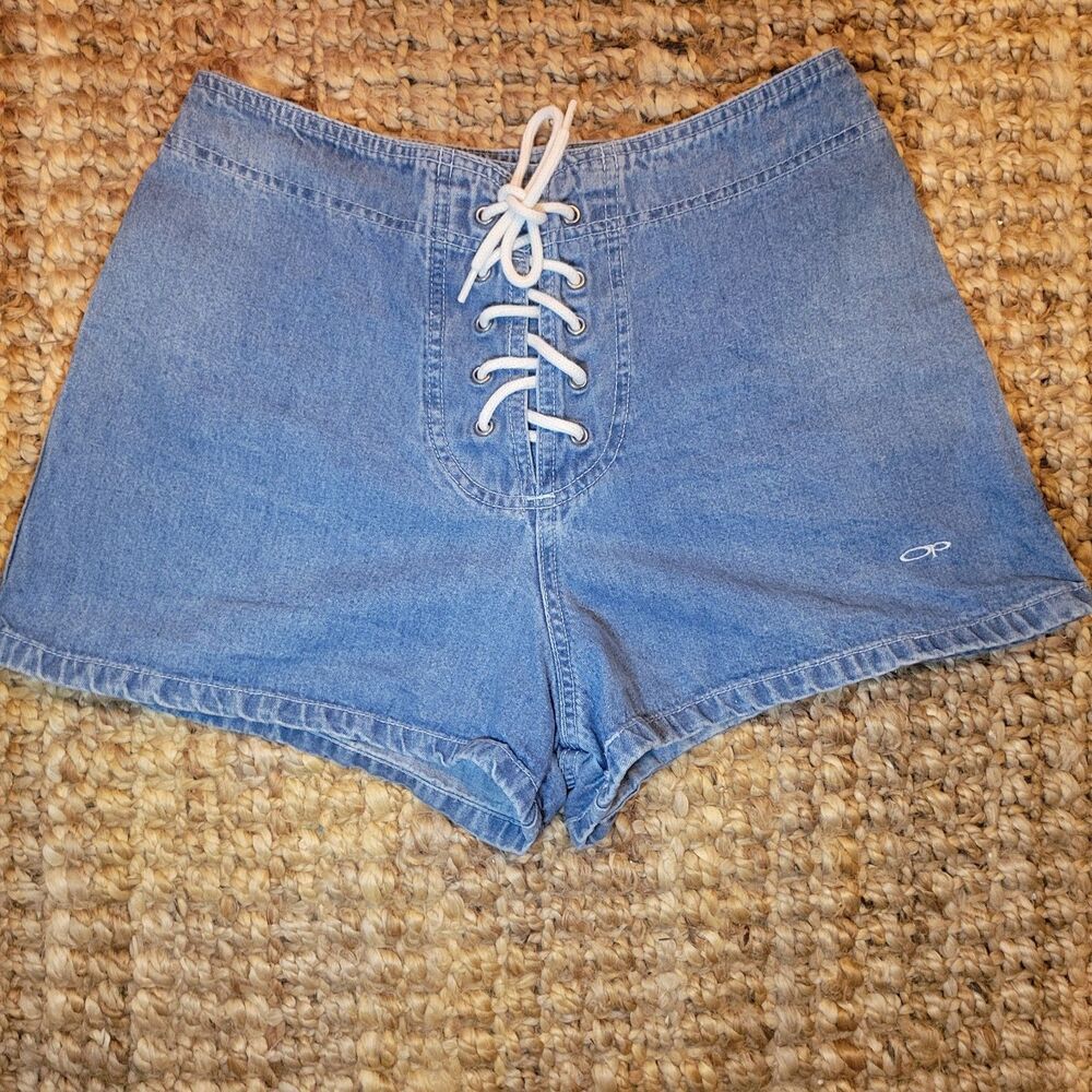 Vintage OP Ocean Pacific Denim Lace Up Women's Shorts Jean High Rise Size 11 M